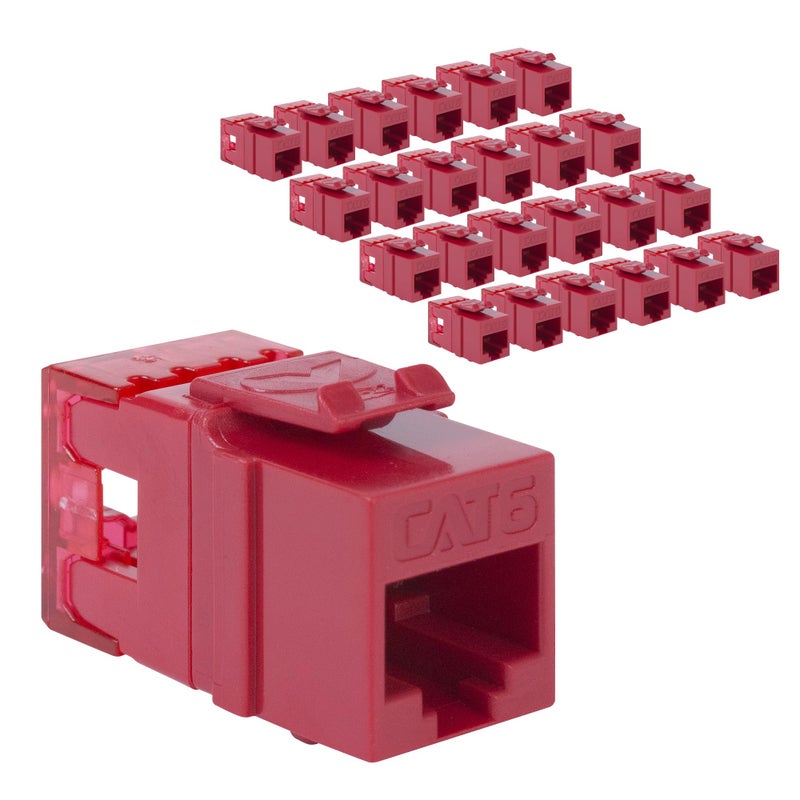 ICC CAT6 Keystone Jack with Slim Profile 180 Degree Punch Down, RJ45 UL Listed PoE++ TAA Compliant for Wall Plate or Patch Panel, Works with JackEasy Termination Tool, Red 25 Pack - Image 1